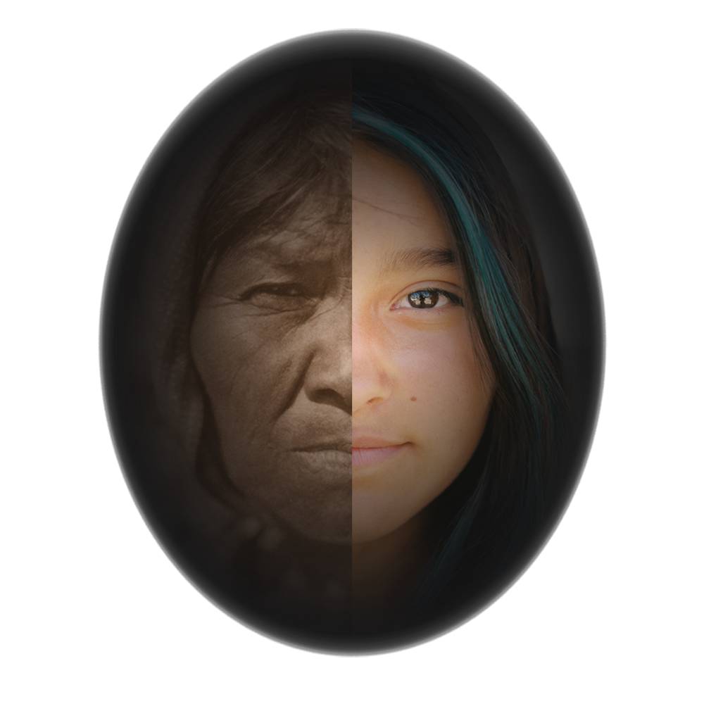 eople of the West key art: a face split down the middle, with an archival sepia portrait of an older woman on the left and a color photo of a young woman on the right.