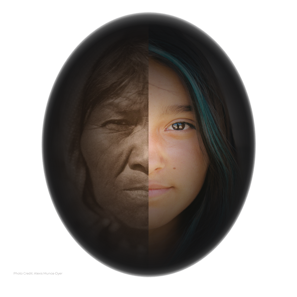People of the West artwork: a face split down the middle, with an archival sepia portrait of an older woman on the left and a color photo of a young woman on the right.